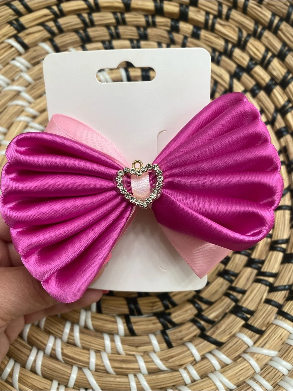 Kids Pink Satin Bow Hair Clips with Heart & Doll Accents